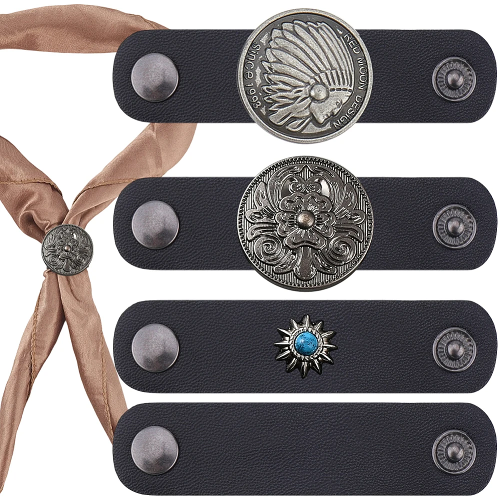 4PCS 4Styles Western PU Leather Bandana Neckchief Turquoise Scarf Holder Flower Buckle Slides Clasp Vintage Bandana Scarf Ring