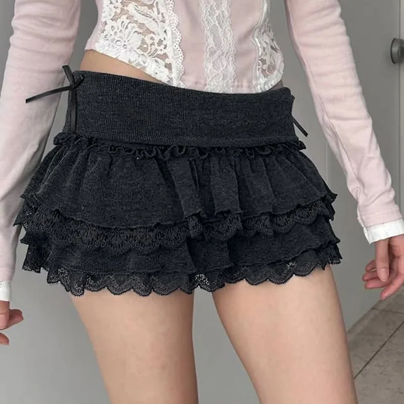 2026 New Vintage Cute Cake Skirt Women Mall Gothic Fairycore Grunge Aesthetic Y2k E-girl Lace Patchwork Low Waist Knitted Skirts