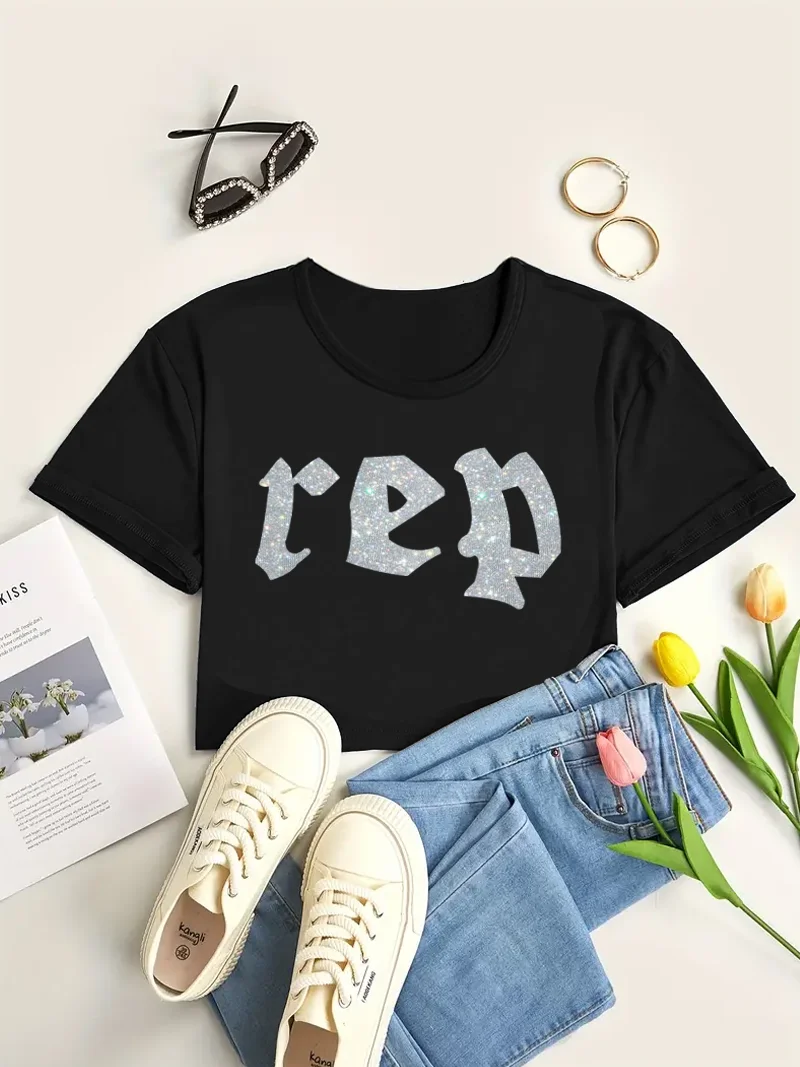 

Fashion Letter Print Crop T-shirt, Casual Short Sleeve Crew Neck T-shirts For Summer, Women's Clothing