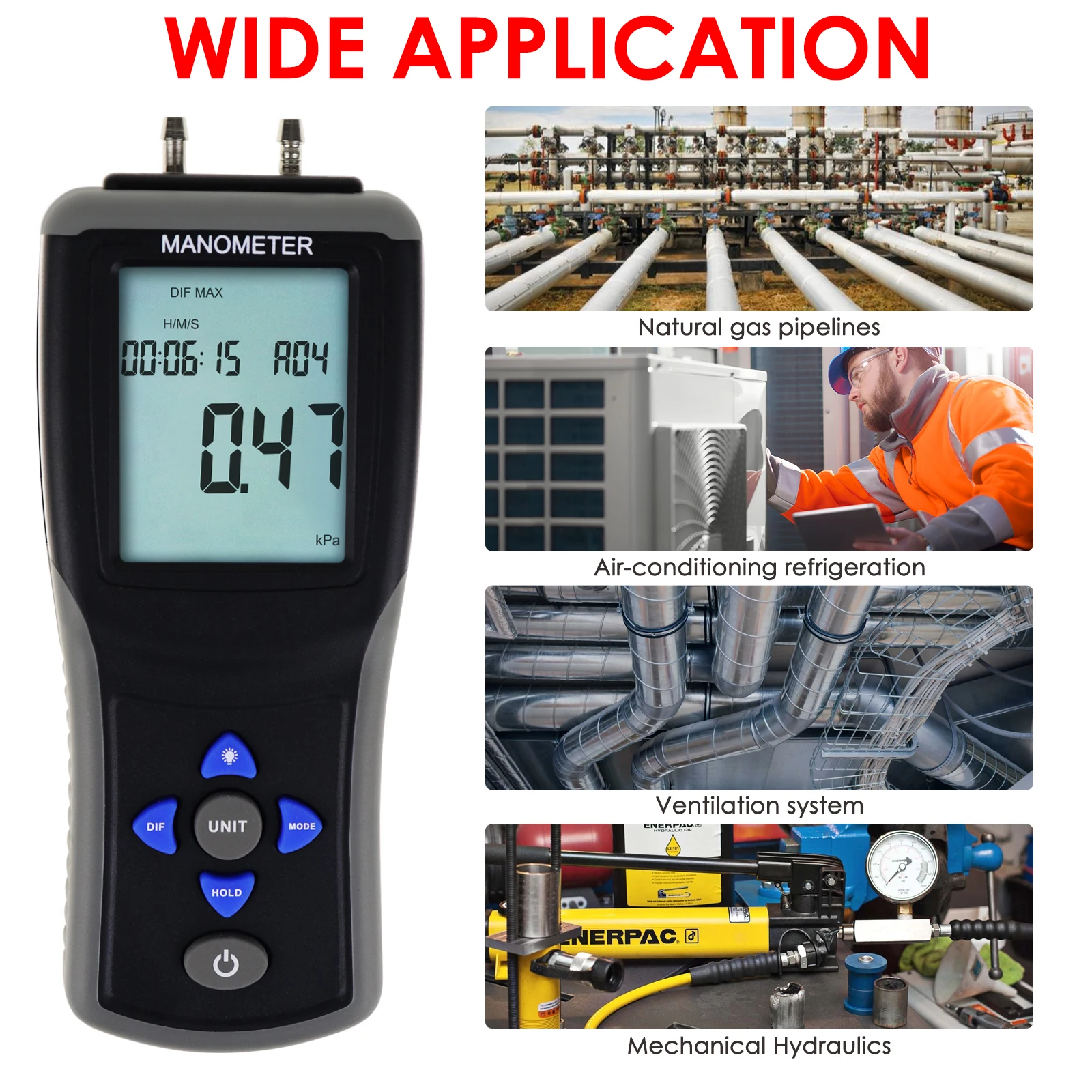 Dual Port Digital Manometer ±2.000 Psi HVAC Differential Air Pressure Gauge Gas Vacuum Tester 12 Units Data Log