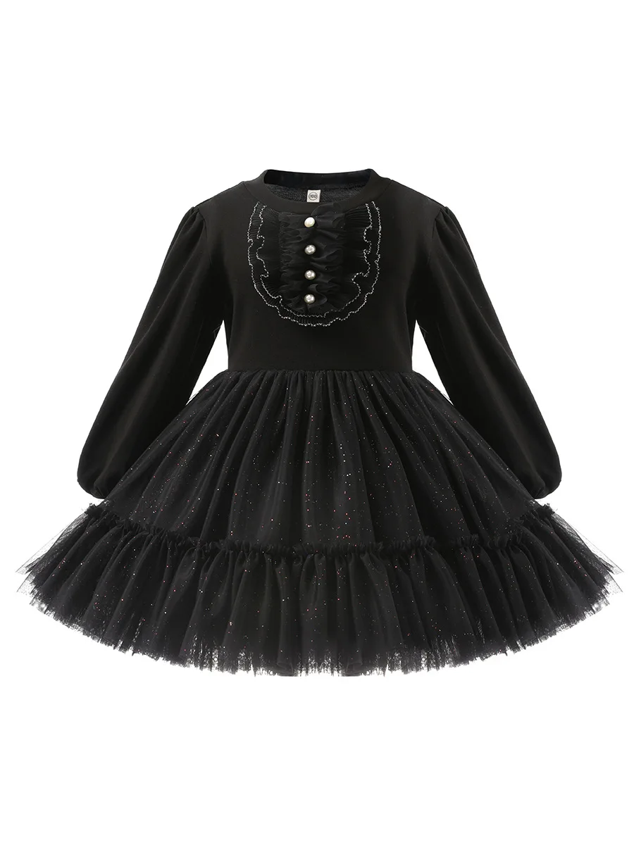 Girls Autumn New Black Colorful Sequins Mesh Princess Dress Cute Lace Splicing Long Sleeves Dress Girl Clothes Halloween Dress