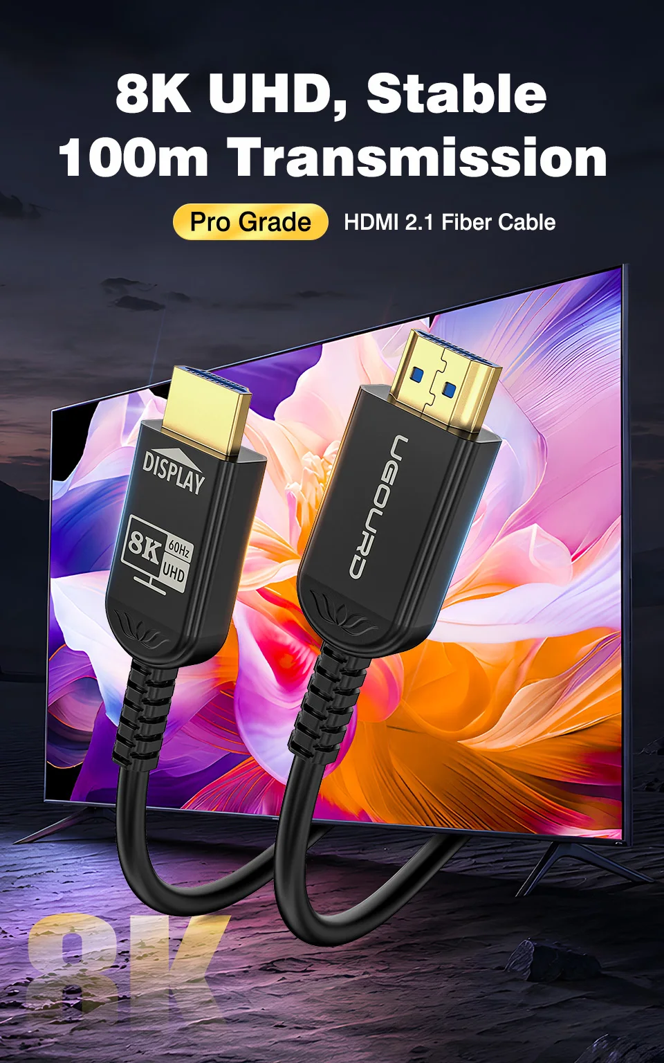 UGOURD Glasfaser HDMI 2.1 Kabel Aktives Optisches AOC HDMI-über-Glasfaser-Kabel 8K60Hz 4K 120Hz Lange Distanz 7,5m - 20m 30m 50m 100m – Detail 2