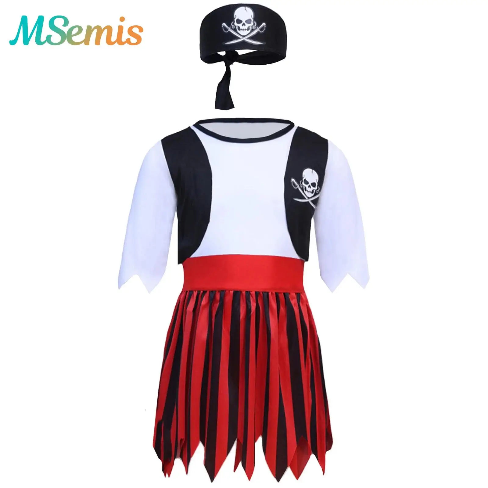 

Girls Pirate Captain Halloween Cosplay Party Costume Ruffled Jagged Hem Pirate Dress with Matched Head Wear And Waist Belt