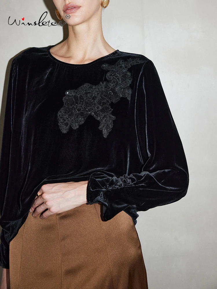 Winsleter-Bottom 100%Real Silk Elegant Velvet T-shirt, O Neck Embroidery, Woman Retro Casual Loose Top, 2026 Spring New T61440CC