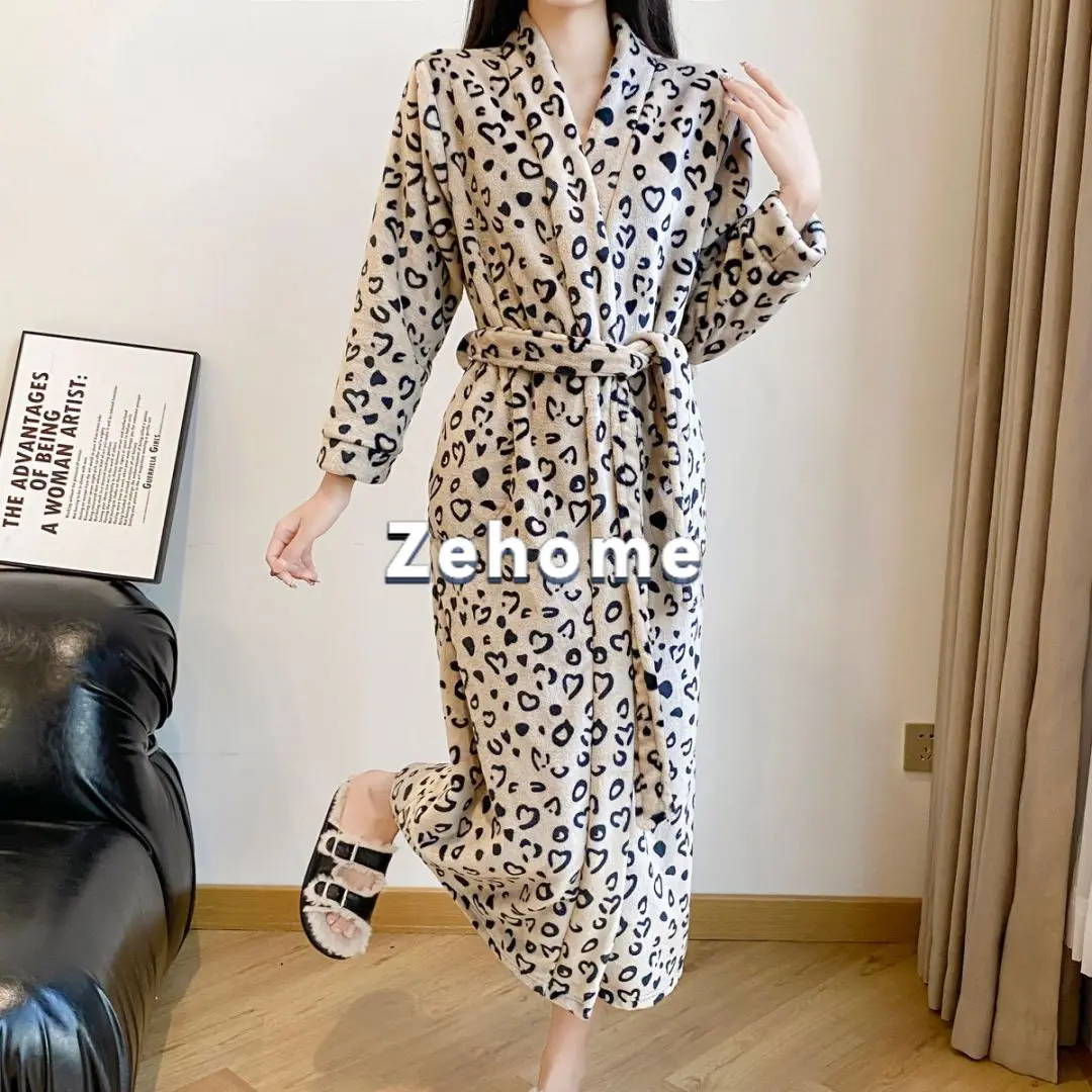 Lapel strap leopard flannel medium and long loungewear bathrobe