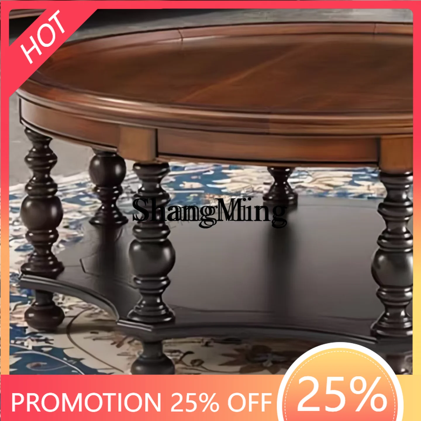 

FG good-looking retro solid wood coffee table round tea table short coffee table furniture