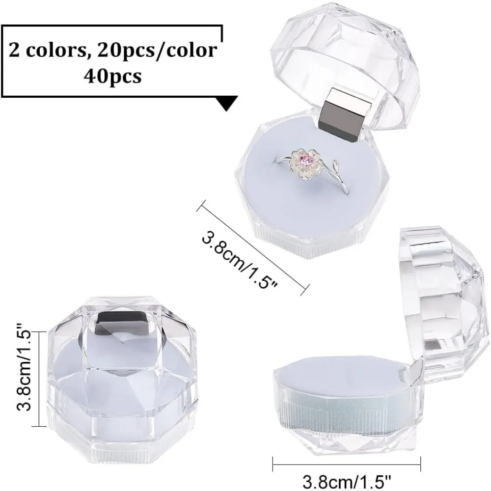 40Pcs 2Colors Transparent Plastic Ring Boxes Crystal Earrings Jewelry Storage Boxes with Foam for Storing Rings Jewelry Earrings