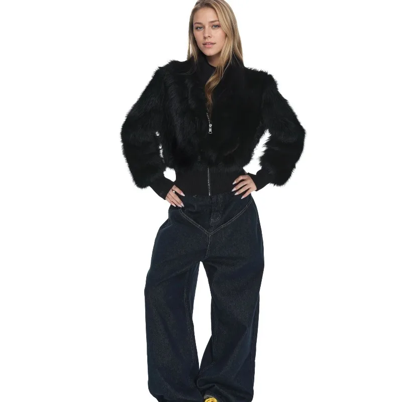 معطف فرو الثعلب المقلد بياقة واقفة وكتف أمامي للنساء لخريف وشتاء 2025 معطف فرو قصير عالي الجودة بسحاب جديد #5