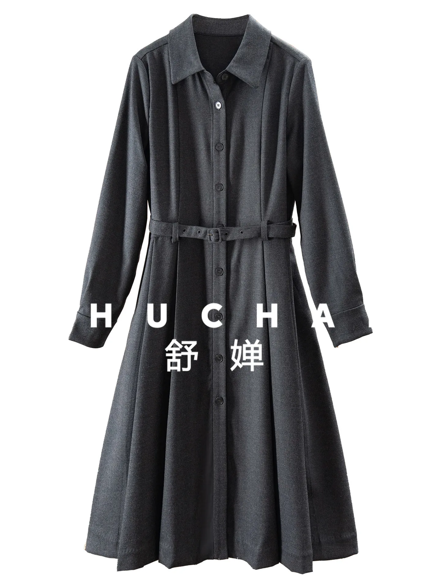 Tempérament élégant, français 69% laine à lacets taille robe chemise à manches longues femmes 45I8 robes longues pour les femmes