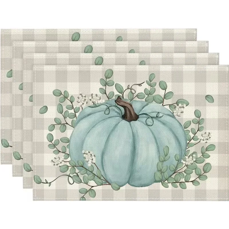 Blue Pumpkin Eucalyptus Linen Placemats, Buffalo Plaid Printed Table Mats, Fall Harvest Dining Decor