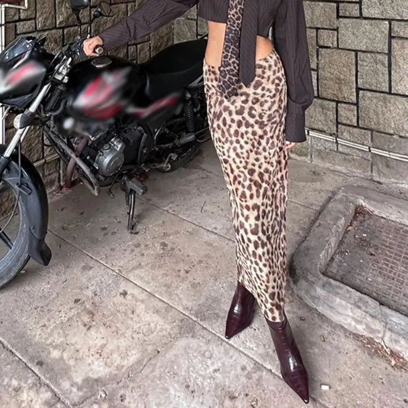 High Waisted Leopard Print Long Skirt Hottie Streetwear Hip Wrap Retro Style Sweet And Spicy Casual All-Match Summer