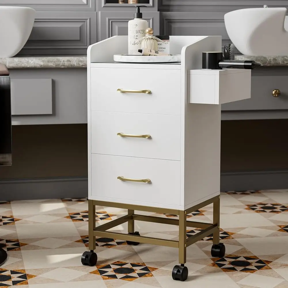

Rolling Beauty Trolley with 3 Drawers, Hair Dryer Holder, Lockable Wheels - White Gold