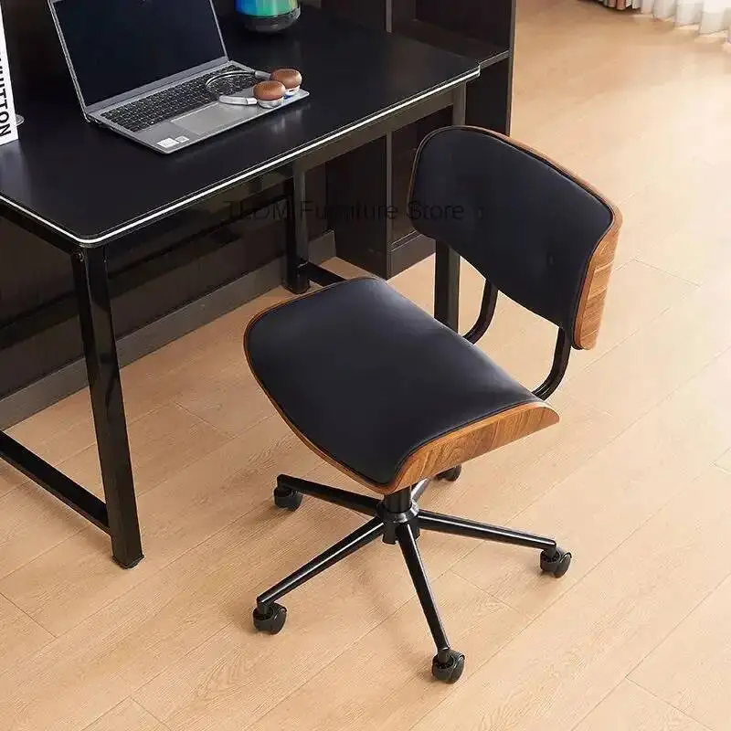 Modern Leather Office Chair, Walnut Wood Accent Swivel Desk Chair, Stylish Retro Ergonomic Chair for Home Office Furniture