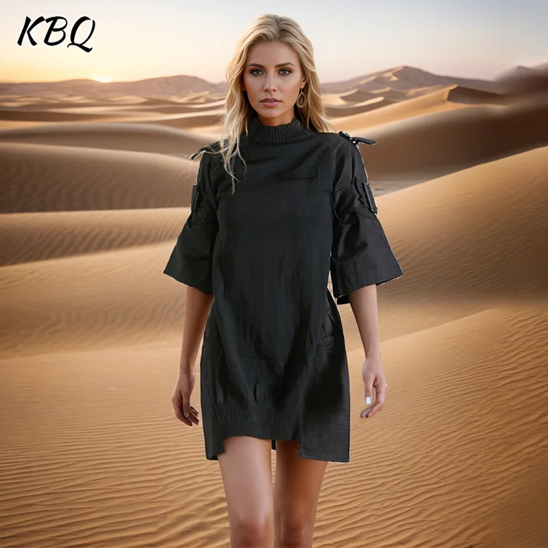 

KBQ Solid Minimalist Mini Dress For Women Stand Collar Short Sleeve High Waist Patchwork Belt Casual Dresses Female Fashion New