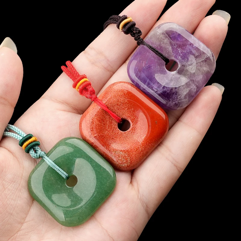 يتوهم جاسبر مربع على شكل Pingan الأحجار الكريمة القلائد قابل للتعديل اليدوية المنسوجة حبل للنساء الرجال 30 مللي متر دونت عملة حجر قلادة