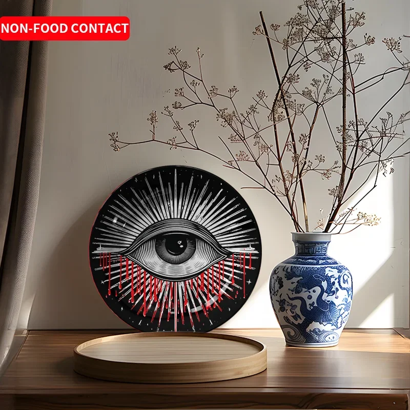 1pc Abstract Eye Ceramic Wall Art Plate - Black & White Modern Minimalist Decor with Red Accents, Circular Non-Food Contact