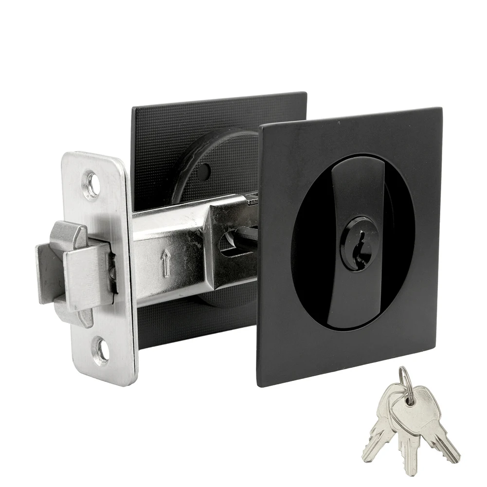 Black Zinc Alloy Pocket Door Lock Double Hook Privacy Hardware Square Recessed Sliding Lock for Bathrooms Bedrooms