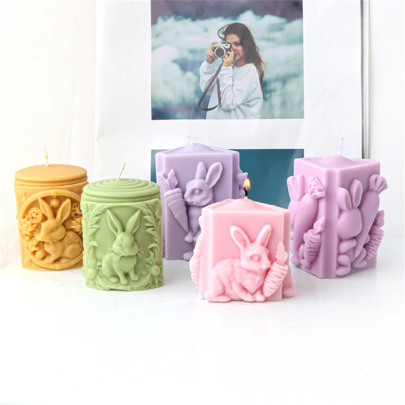 Flower Bunny Carrot Patterned Cylinder Silicone Candle Mold Cute Embossed Rabbit Bunny Aromatherapy Candle Making Plaster Mould