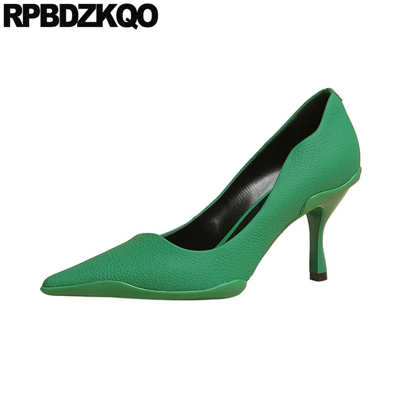 Luxury Brand Women Shoes 2022 Stiletto Winkle Picker Pointed Toe Genuine Leather Size 33 High Heels Green 3 Inch Quality Pumps