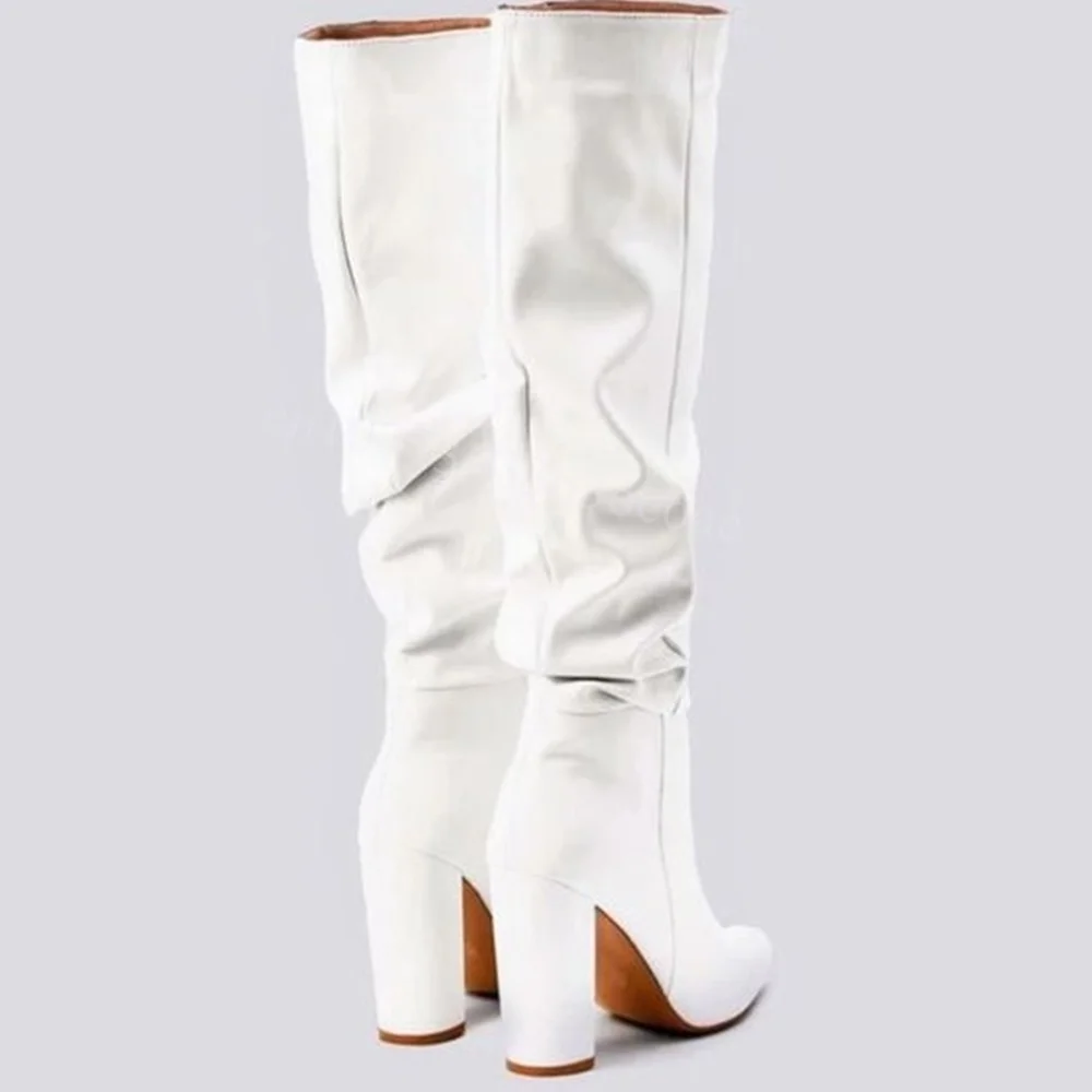 White Chunky High Heels Sexy Boots Pointed Toe Knee High Shoes for Women Matte Leather Fashion Shoes 2024 Zapatos Para Mujere