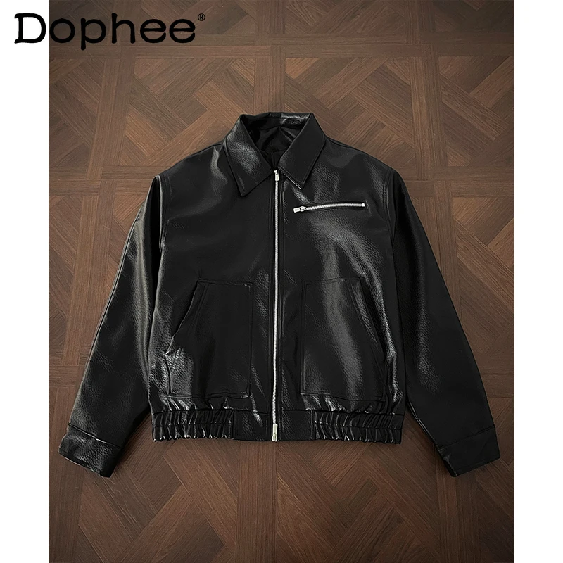 

Мужские осенние пальто 2023, новый дизайн на молнии из искусственной кожи, стильные мотоциклетные куртки с лацканами, куртки из искусственной кожи в американском стиле в стиле ретро