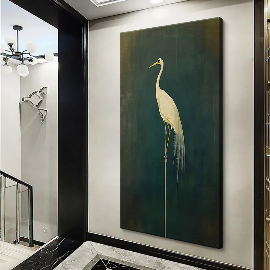 White Egret on Green Background Poster Prints Classic Naturalistic Style Canvas Painting Wall Art Picture Living Room Home Decor