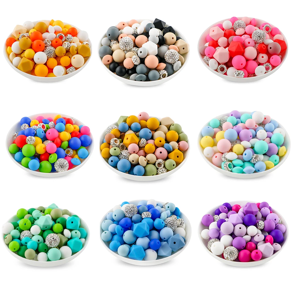 1Suit Colourful Silicone Round Beads Acrylic Rhinestone Combination Jewelry Making DIY Pacifier Keychain Necklace Accessories