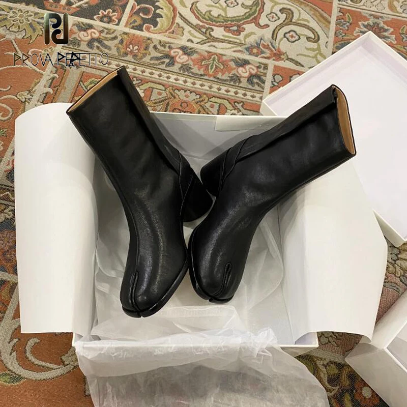 2022 Brand Name Tabi Boots Split Toe Round High Heel Black Real Leather Zapatos Mujer All Match Fashionable Ankle Short Boots