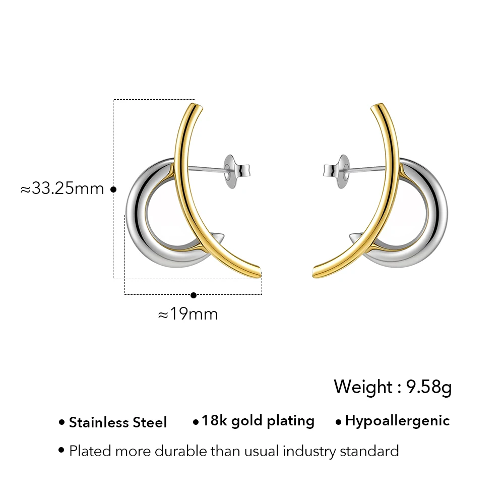 Two-Tone C-Shaped Bent Bar Stud Earrings for Women - 18K Gold Plated
