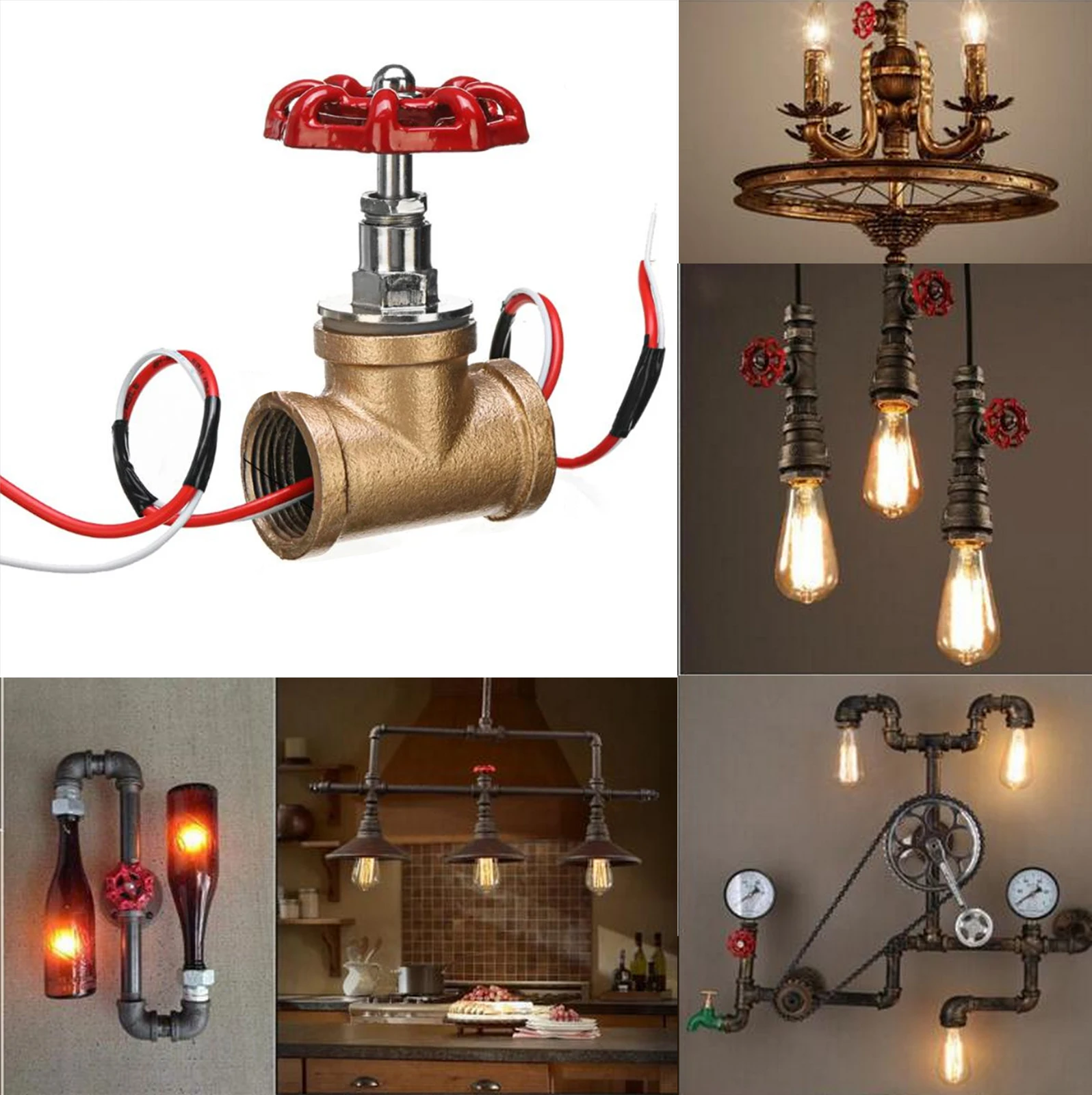 New 3/4 Inch Stop Valve Light Vintage Steampunk Switch with Wire for Water Pipe Lamps Lamp Loft Style Iron Valve Vintage Lamp