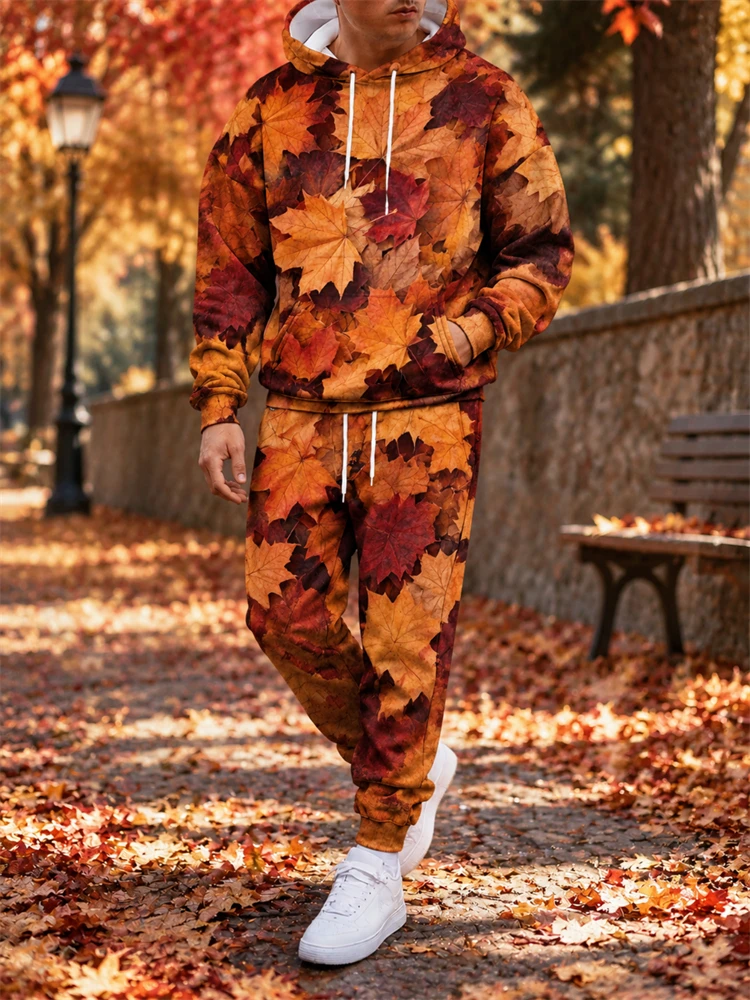 Fall/Winter Maple Leaf Print Hooded Set Men's Sweatshirt And Sweatpants—Casual And Stylish Two-Piece Sportswear Set For Men