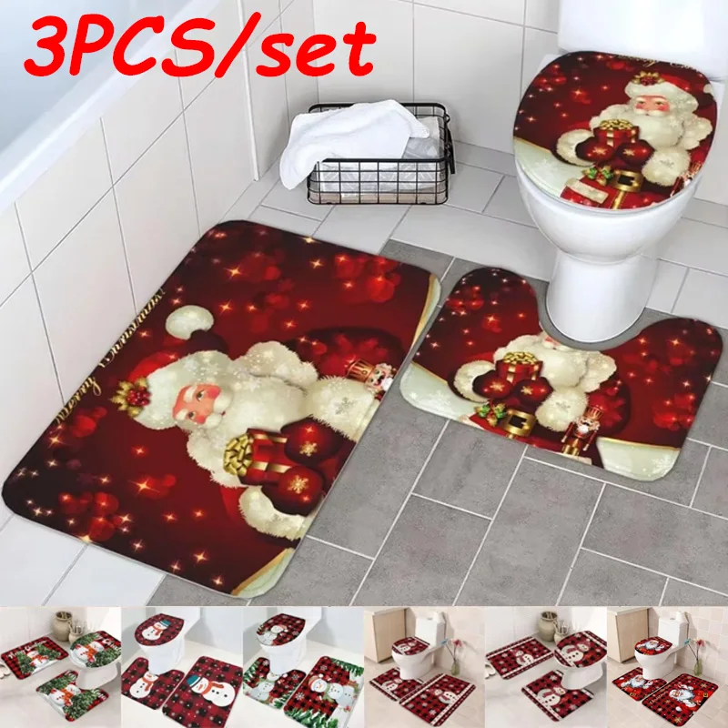 3PCS/set Red Christmas Bath Mat Set Santa Claus Winter 2025 New Year Xmas Home Carpet Bathroom Decor Floor Rug Toilet Lid Cover