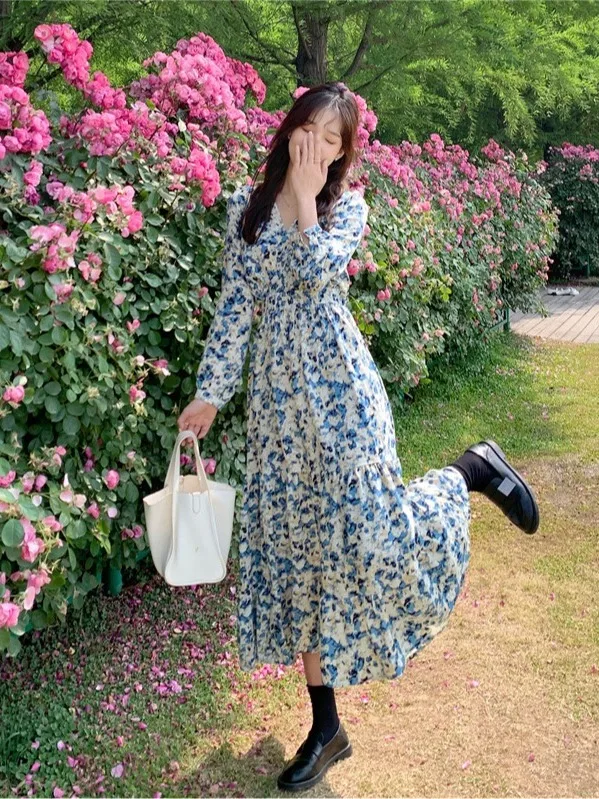 

plus Size Floral Print Dress Spring New Style Fashionable Slimming Long Sleeve Waist Cinched A-Line Skirt Korean Style Long D...