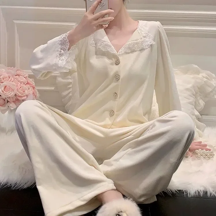 

Мягкие пижамы De Mujer Island, бархатные пижамы из 2 предметов, женская домашняя одежда с длинными рукавами, сексуальная одежда для дома с кружевной отделкой, одежда для сна, наряд