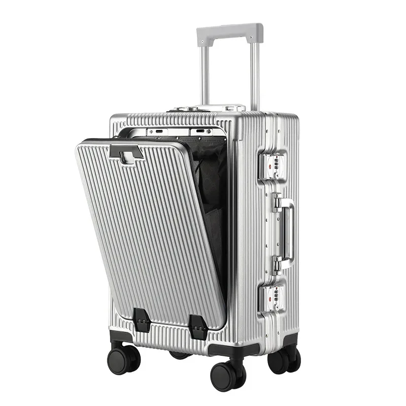 Trolley Suitcase Front Open Luggage Boarding Case Aluminum Frame Large Capacity USB Charging with Cup Holder Trunk 20 24 inch