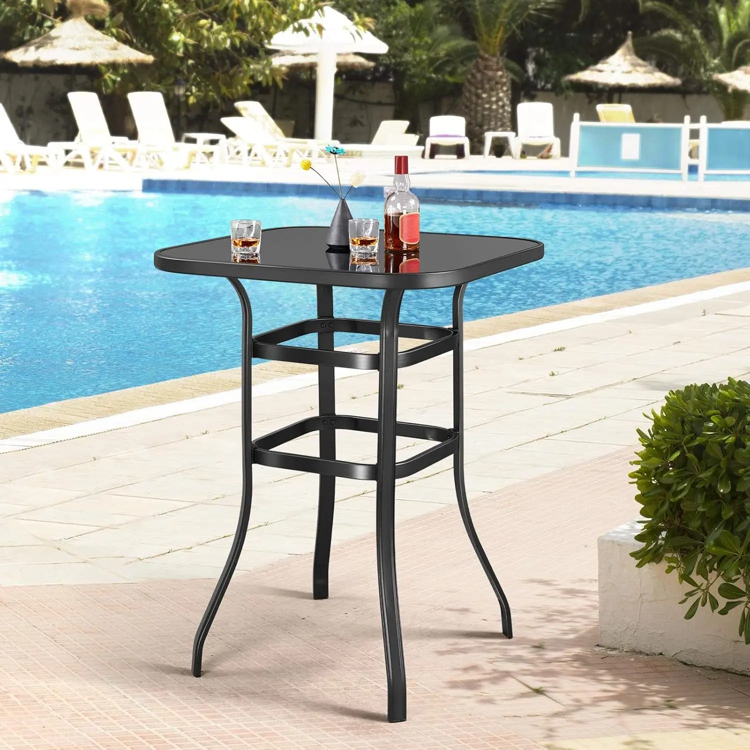 

Yaheetech Metal Frame Patio Bar Table Tempered Glass, 40.5’’ Height High Top Outdoor Table, Pub Height Bistro Square Table