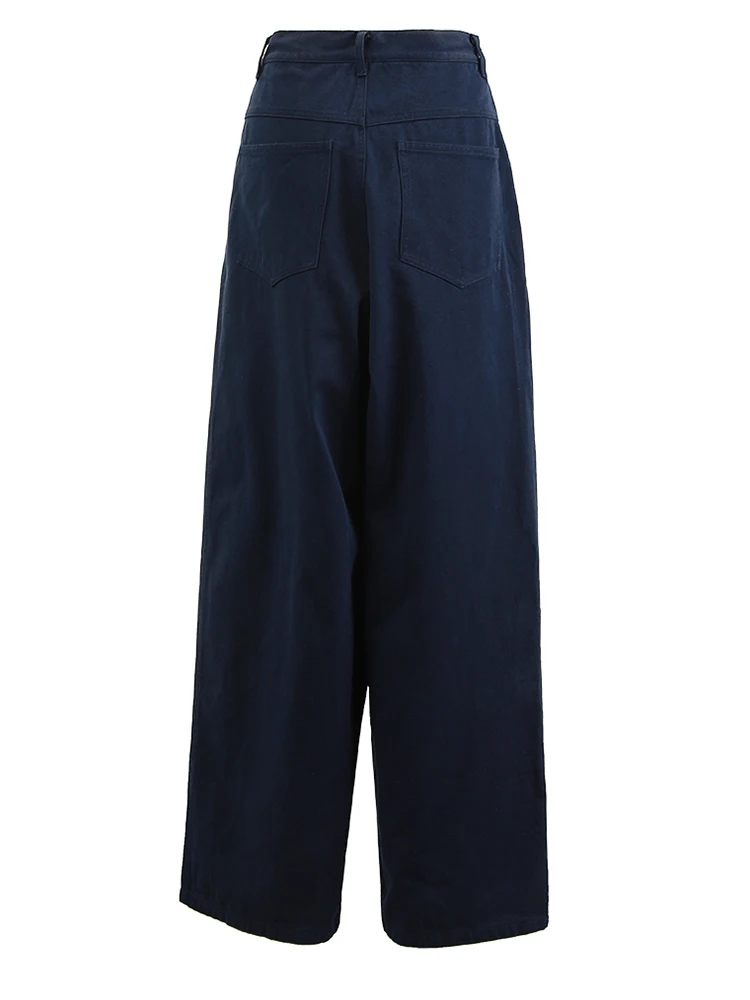 [EAM] vita alta elastica tasca blu scuro Casual pantaloni lunghi a gamba larga nuovi pantaloni moda donna marea primavera autunno 2024 CPG1337