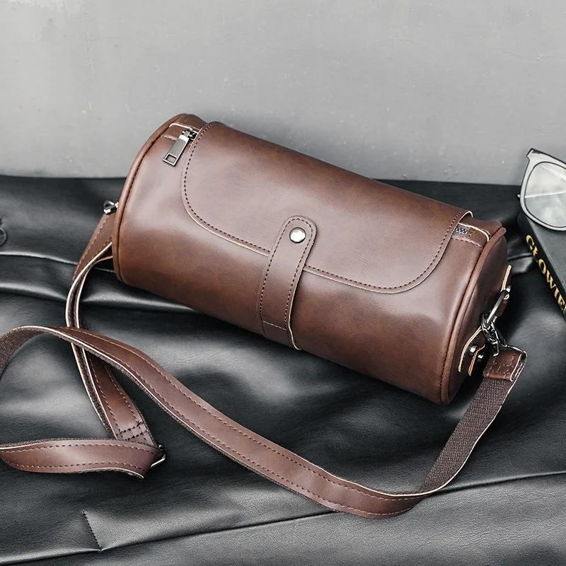 Vintage Herren Umhängetasche, Modische Fassförmige Schultertasche für Männer, Umhängetasche mit Klappe, Zylindrische Herren-Schultertaschen – Detail 1