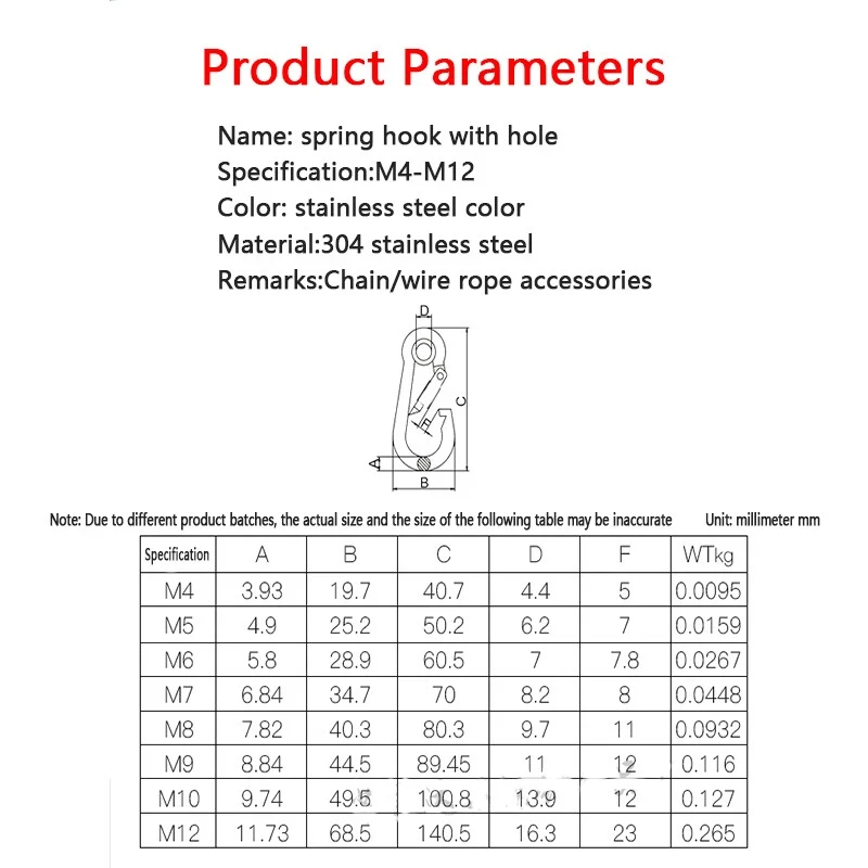 1Pcs Spring Hook M5 M6 M7 M8 M9 M10 M11 M12 304 A2-70 Stainless Steel Carabiner Clip Snap Hook Key-Lock Eyelet Carabiner
