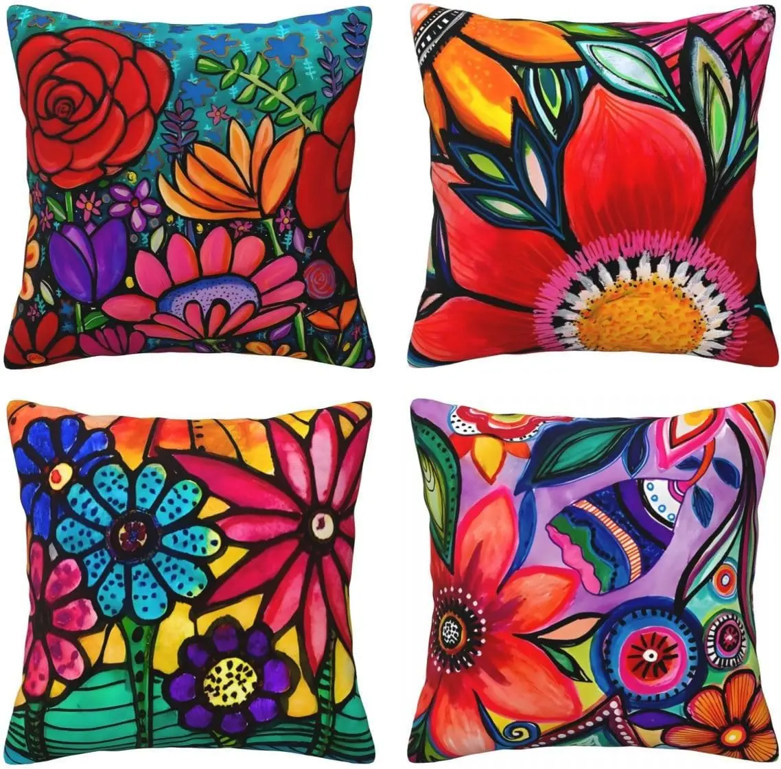 Premium Printed Floral Print Pillow Covers Set of 4 Bohemian Style Decorative Accent Throw Cushions Home Decor Jungle Garden Pat