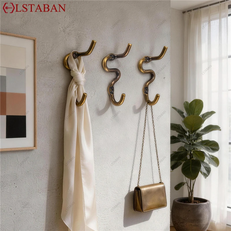 Wave Shape Antique Brass Wall Mounted Hook Vintage Curved Metal Coat Hanger Multi Purpose Home Decor Hooks for Hallway Kitchen