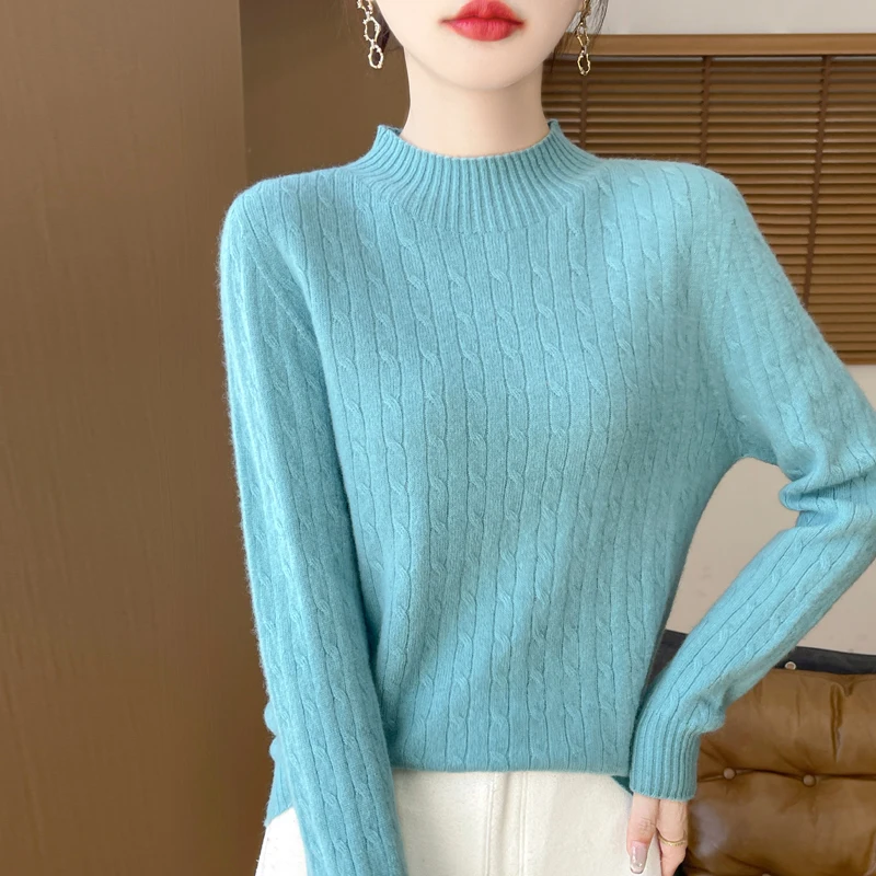 เสื้อไหมพรมผู้หญิงสไตล์คลาสสิกไร้รอยต่อ100% เสื้อสเวตเตอร์แฟชั่นสไตล์ยุโรปเสื้อถักแขนยาวสูงครึ่งคอสไตล์เสื้อยืดผู้หญิง