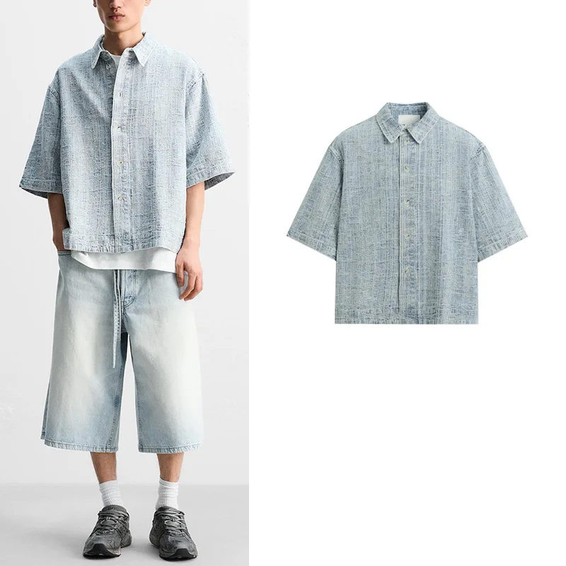 

Loose Fit Cotton Blend Men's ort Sve irt Summer Waed Effect Casual Turn-down Collar Faionable Color 2328406