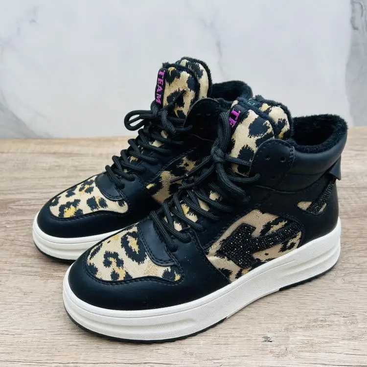 

Повседневная женская кожаная обувь с высоким берцем Cotton oes, теплая универсальная удобная обувь на плоской подошве с круглым носком на подкладке Fce на шнуровке