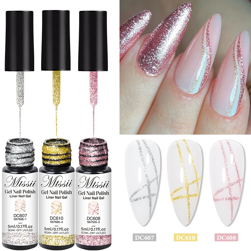 2/3/4/6 Stück Platin Glitter Liner Gel Nagellack Set Gold Silber Sparkle Pull Line Gel Graffiti Malerei Streifen DIY French Nail