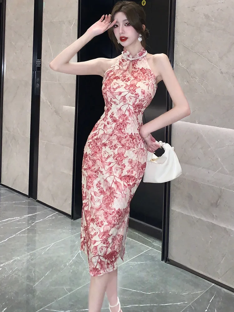 Gaun Belah Tanpa Lengan Seksi Musim Panas Cheongsam Kerah Mandarin Tradisional Tiongkok Qipao Panjang Gambar Cetak Wanita Merah Vestidos Elegan