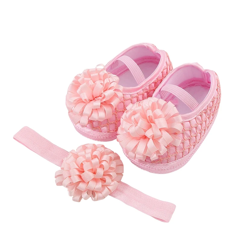 

Baby Girls Princess Shoes and Headband Ribbon Flower Mary Jane Flats Dress Walking Shoes for Newborn Infant Toddler