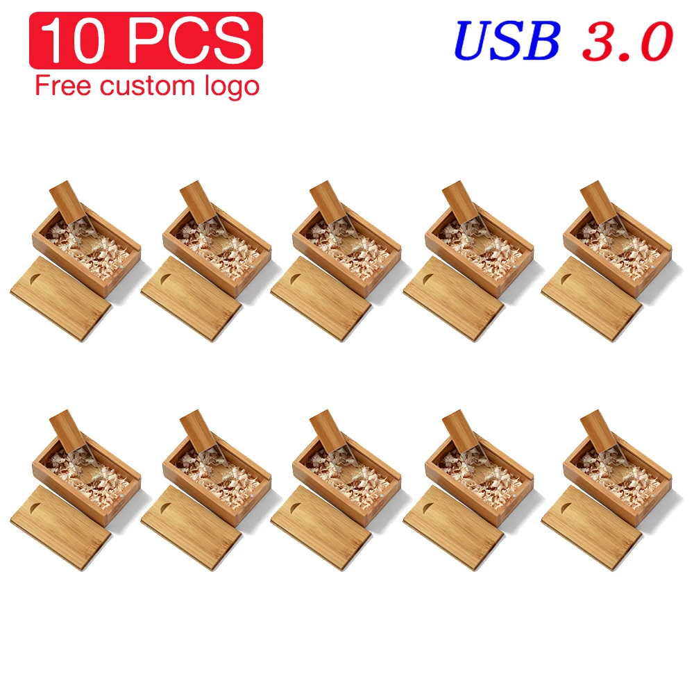 10 PCS LOT USB 3.0 Flash Drive 128GB Crystal Wooden Box Memoy Stick Free Custom Logo Pen Drive Wedding Gift High Speed Pendrive