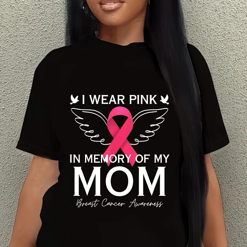 I Wear Pink in Memory of My Mom Shirt Angel in Heaven Memory Women's Plus Size T-Shirt 100% Cotton 220g