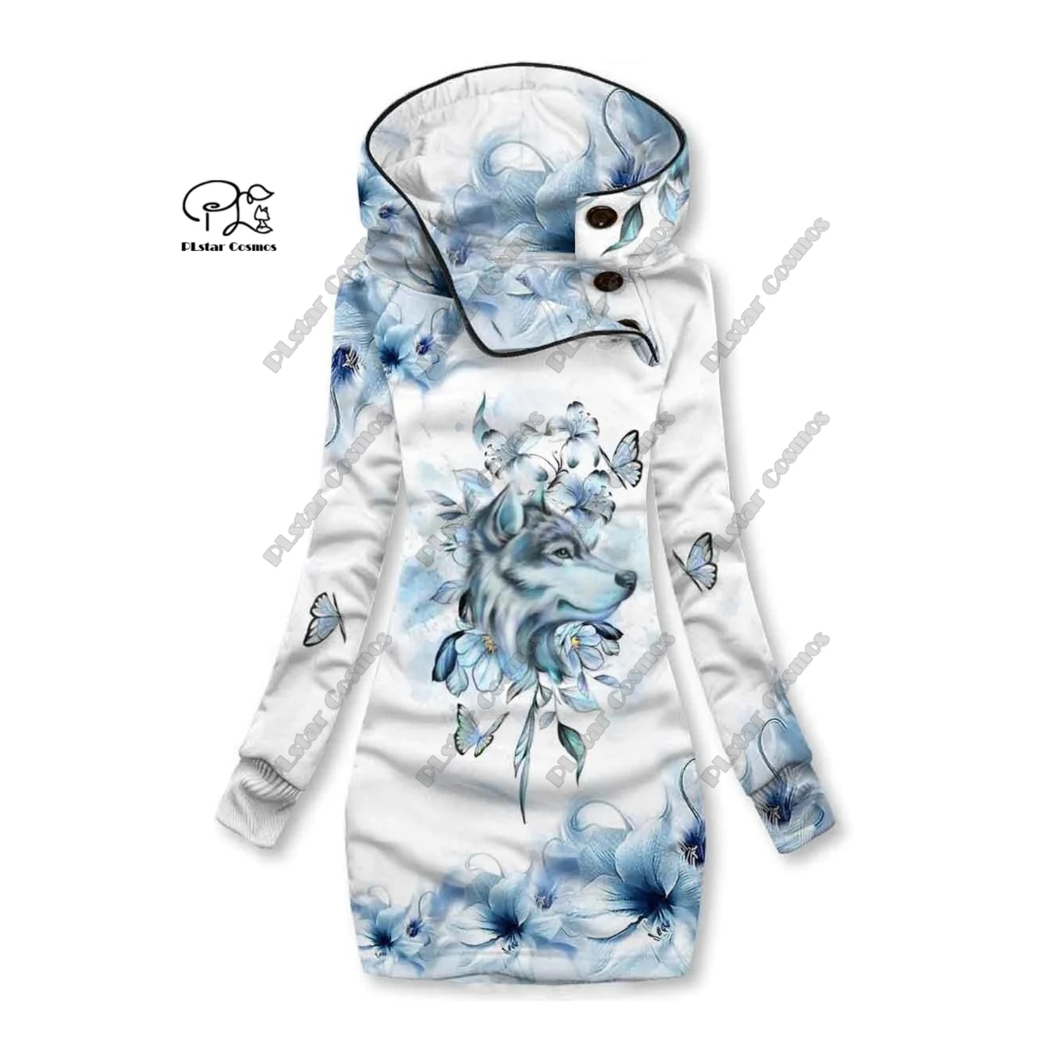 3D printed Christmas snowflake animal series wolf leopard elk elephant pattern special collar women's long sweatshirt dress